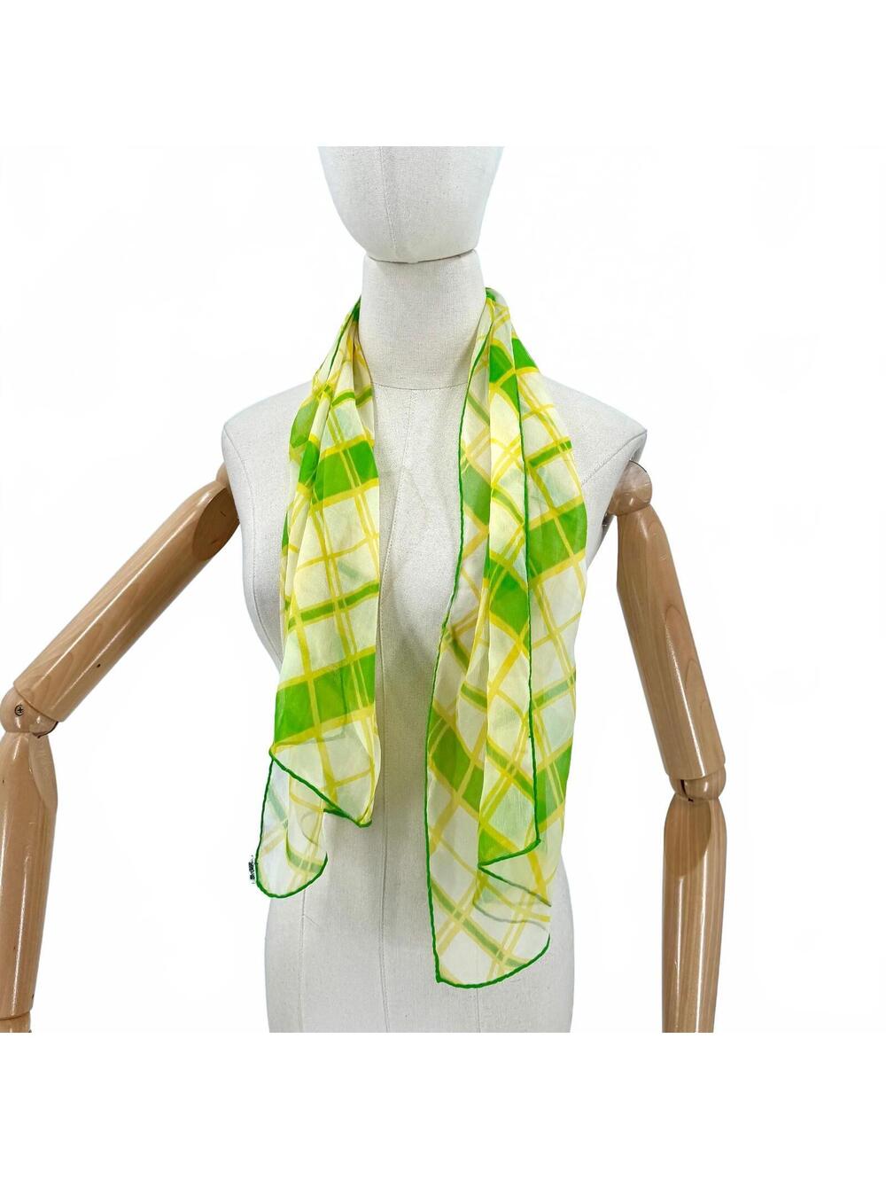Vintage 60s Lime Green Yellow Plaid Chiffon Oblong Scarf